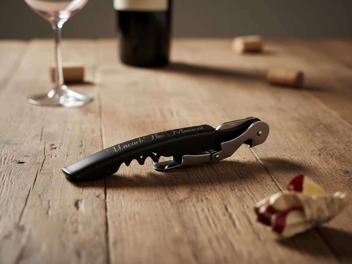 Sacacorchos negro para vino con grabado "Uncork The Moment"