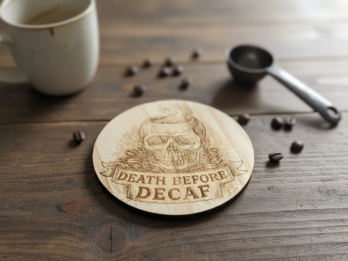 Wooden coffee coaster engraved with skull and Death Before Decaf text