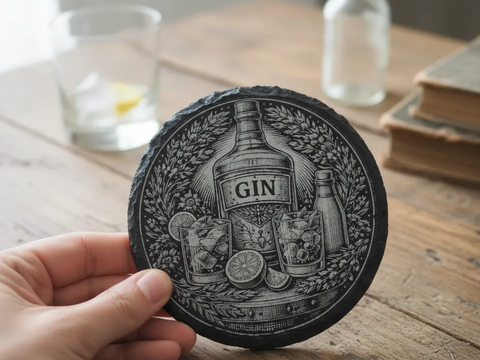 Runder schwarzer Schiefer-Untersetzer mit gravierter Gin-Illustration
