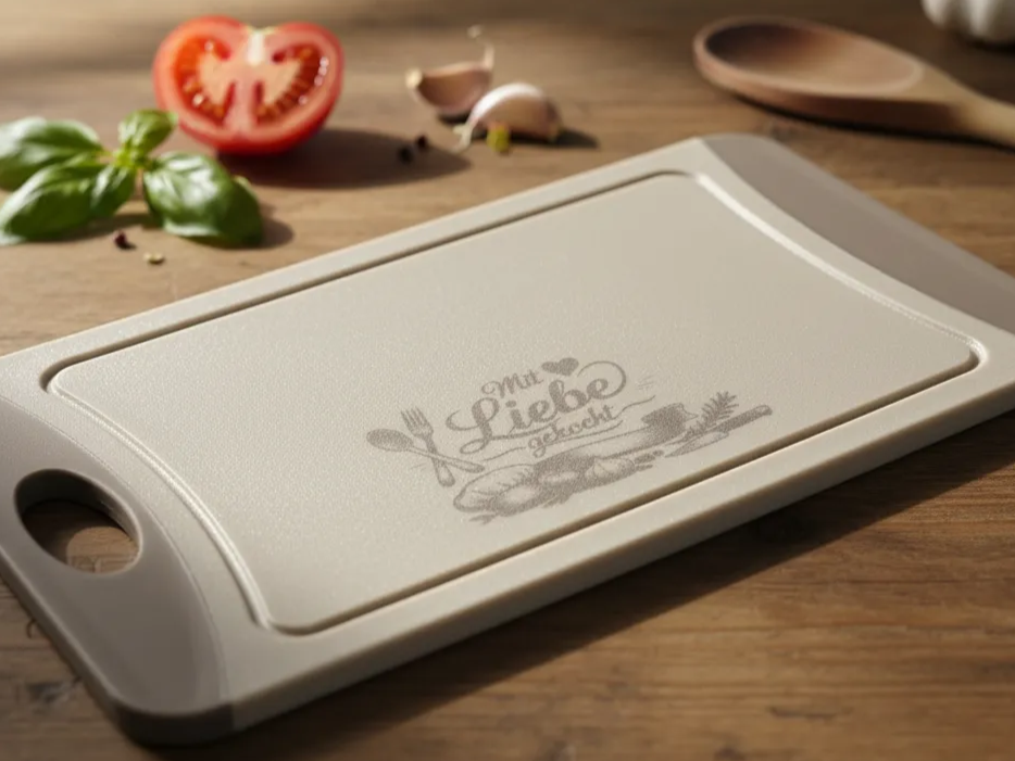 Idea regalo per la fidanzata: tagliere inciso con la scritta «Mit Liebe gekocht»