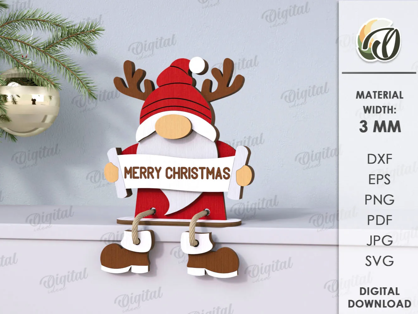 Christmas Shelf Sitter Gnome laser-cut design on a styled shelf