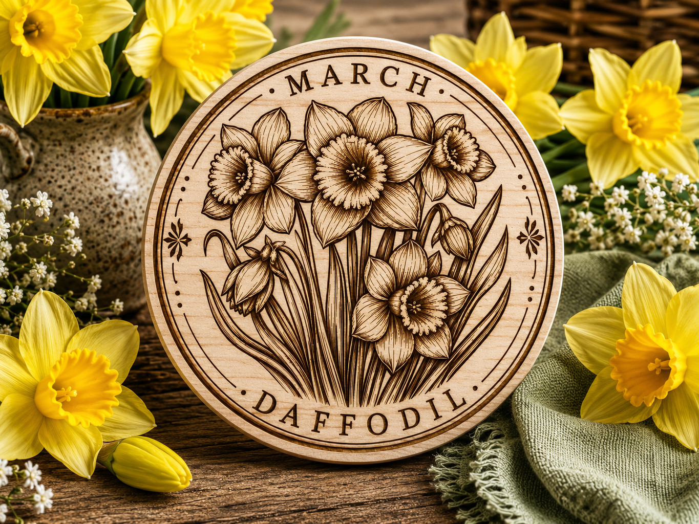 Laser cut coaster featuring March's birth flower, the daffodil