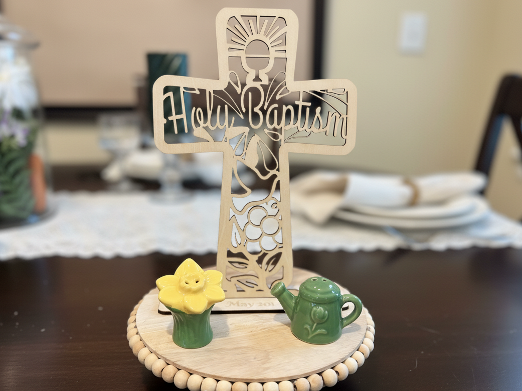 Holy Baptism Cross Keepsake Centerpiece dining table decor and centerpiece idea