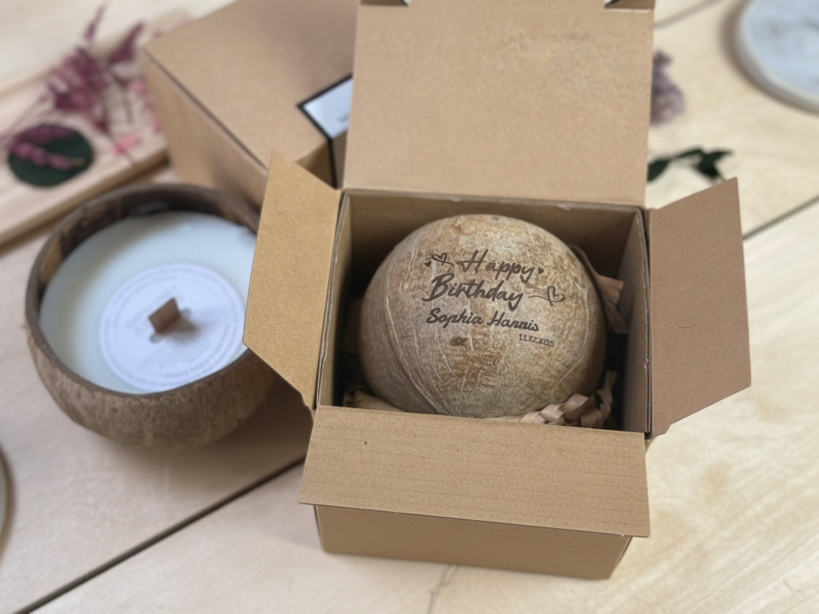 Laser Engraved Coconut Shell Candle with Happy Birthday Message birthday gift design