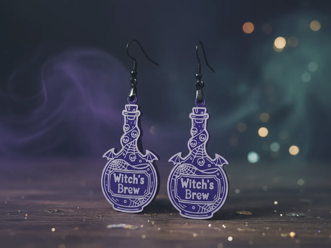Purple Laser Cut Witch's Brew Halloween Earrings