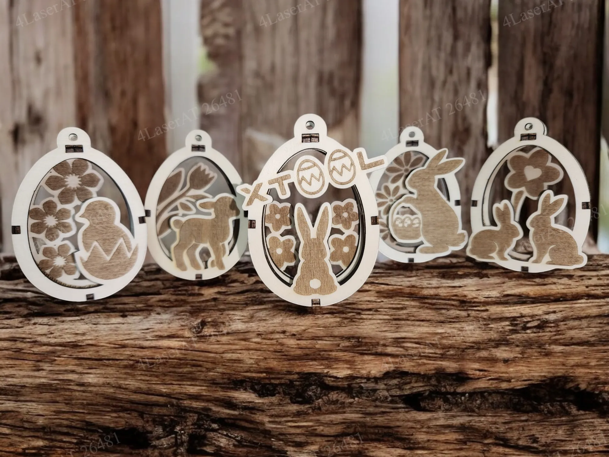 Two-layer wooden Easter ornaments in bunny and egg shapes