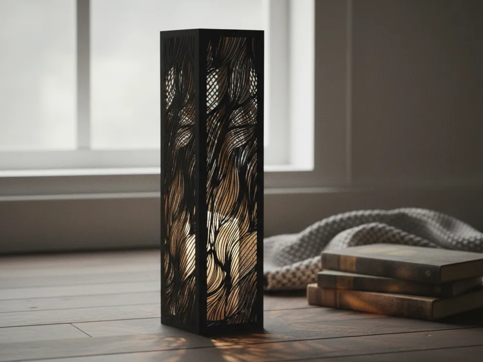 Modern wooden lantern with abstract wave cut-out pattern