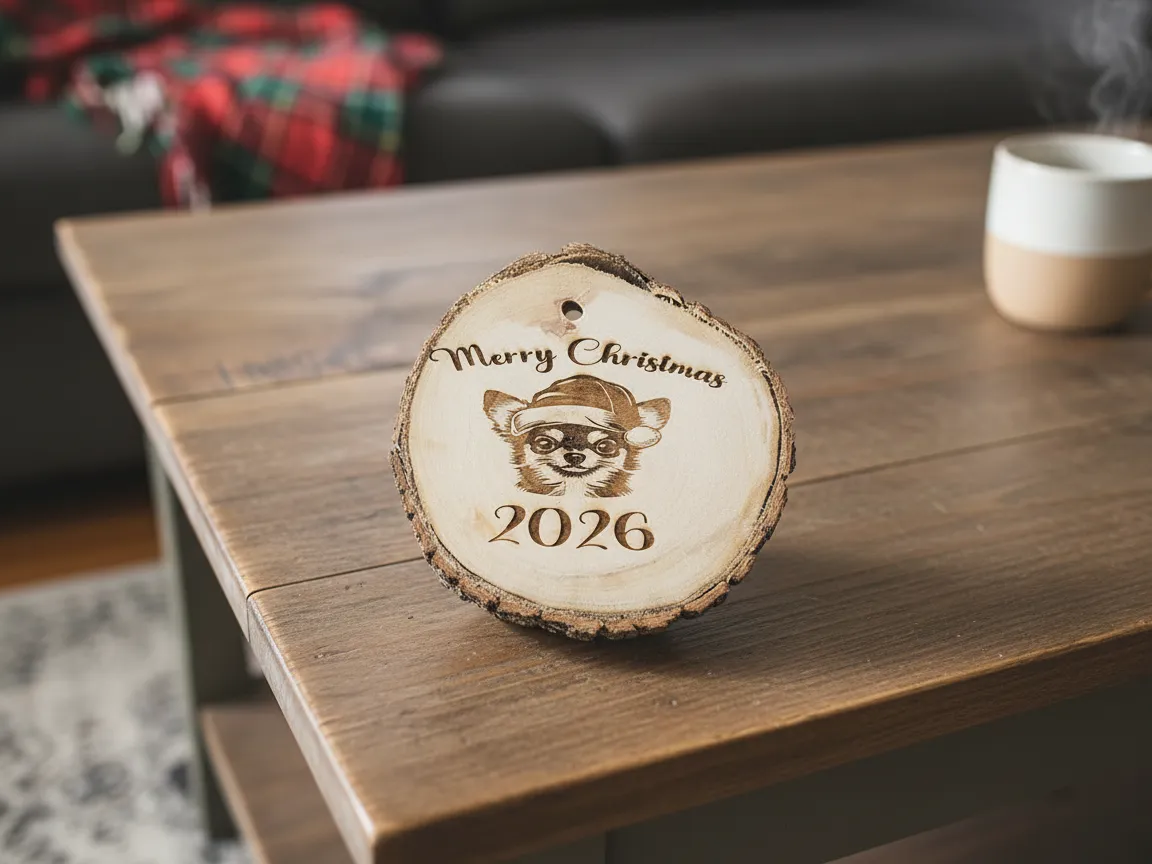 Ozdoba z kawałka drewna z Chihuahua Wesołych Świąt 2026