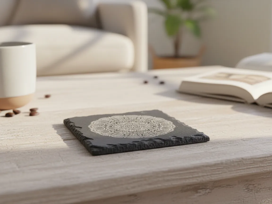 Black stone square coaster engraved with a mandala pattern