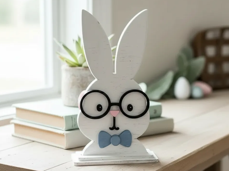 Reversible wooden boy and girl Easter bunny cutout home decor free SVG