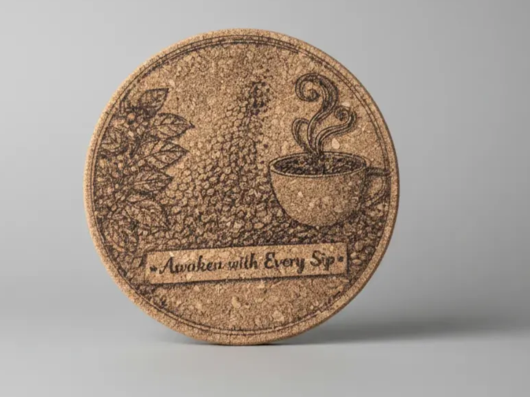 Cork coffee coaster engraved with Awaken With Every Sip quote