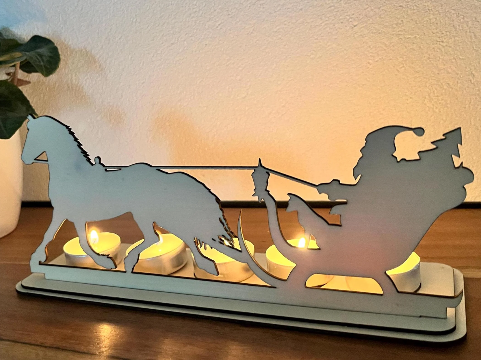Laser cut wooden horse and sleigh tea light candle holder