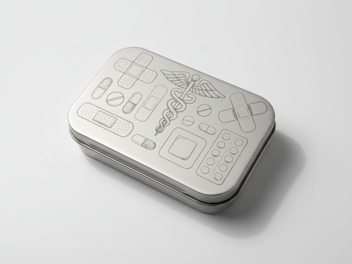 Laser engraved metal first aid kit box with medical symbols