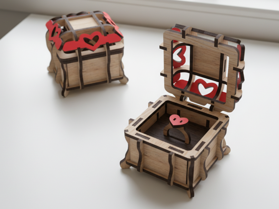 Wooden Ring Heart Box laser-cut design on a styled shelf