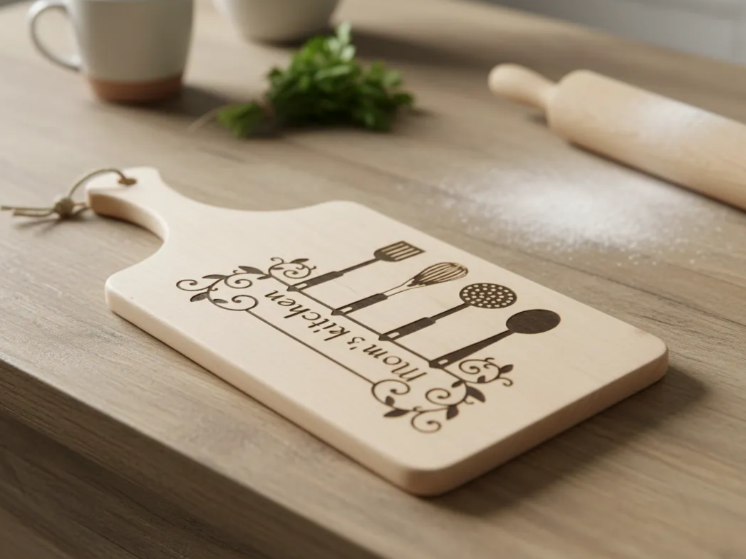 Mom's Kitchen Wooden Serving Board with Utensil Motif cutting board design