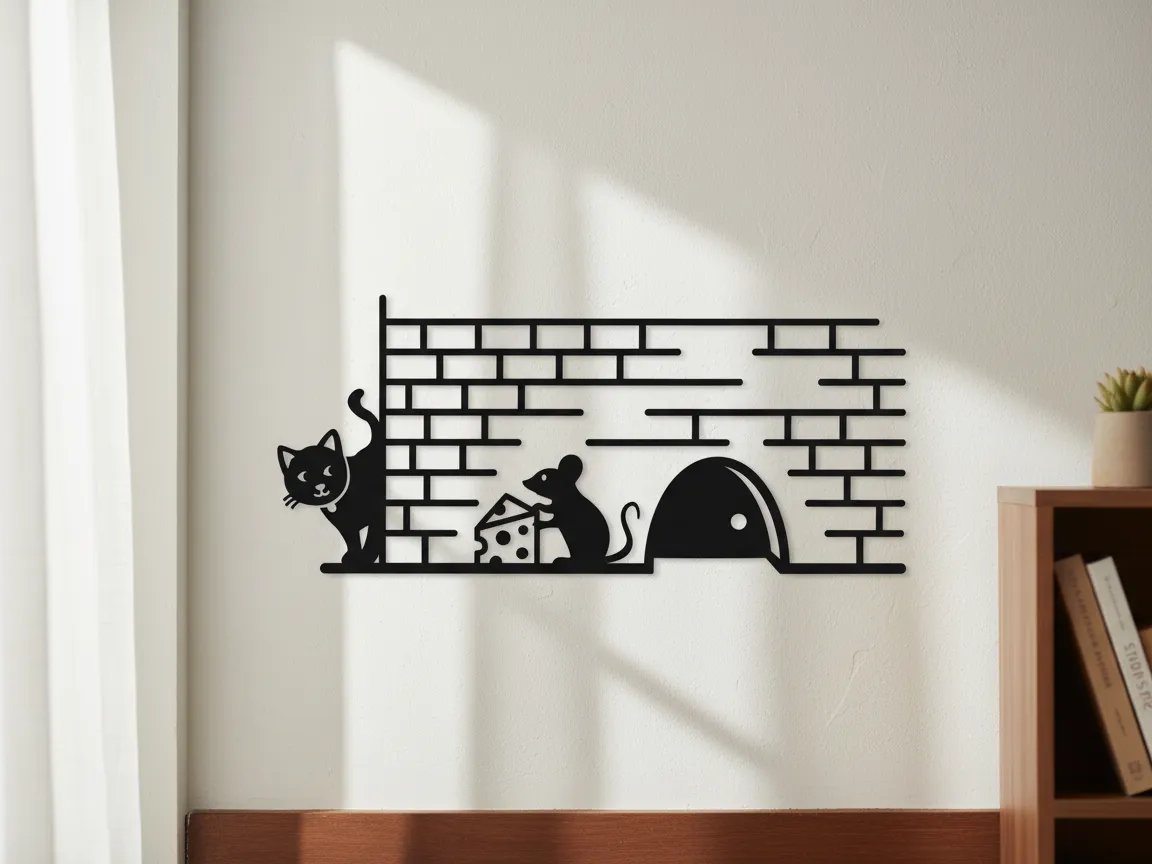 Cat and mouse brick wall silhouette wall art