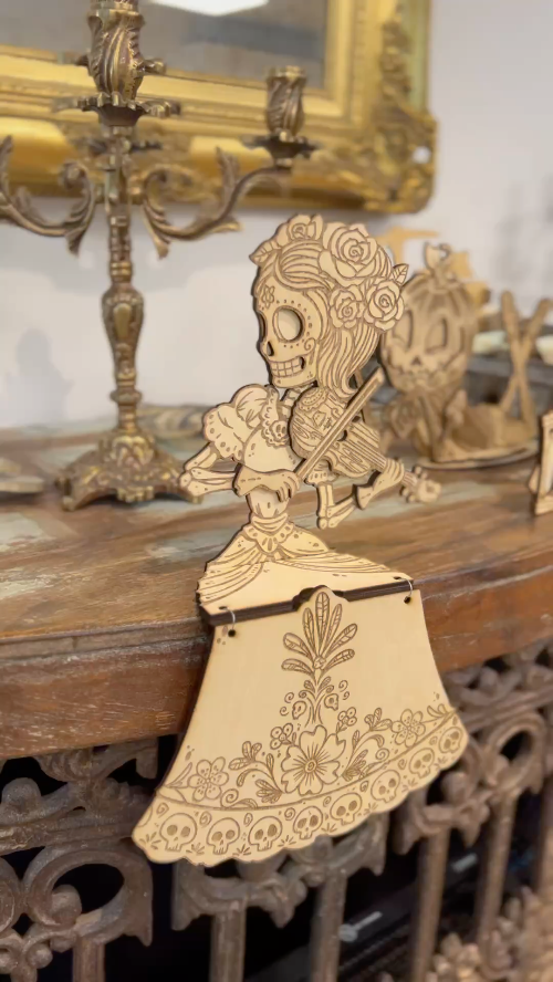 [Laser cut and engrave] Laser Cut Day of the Dead Skeleton Violinist Wooden Figurine