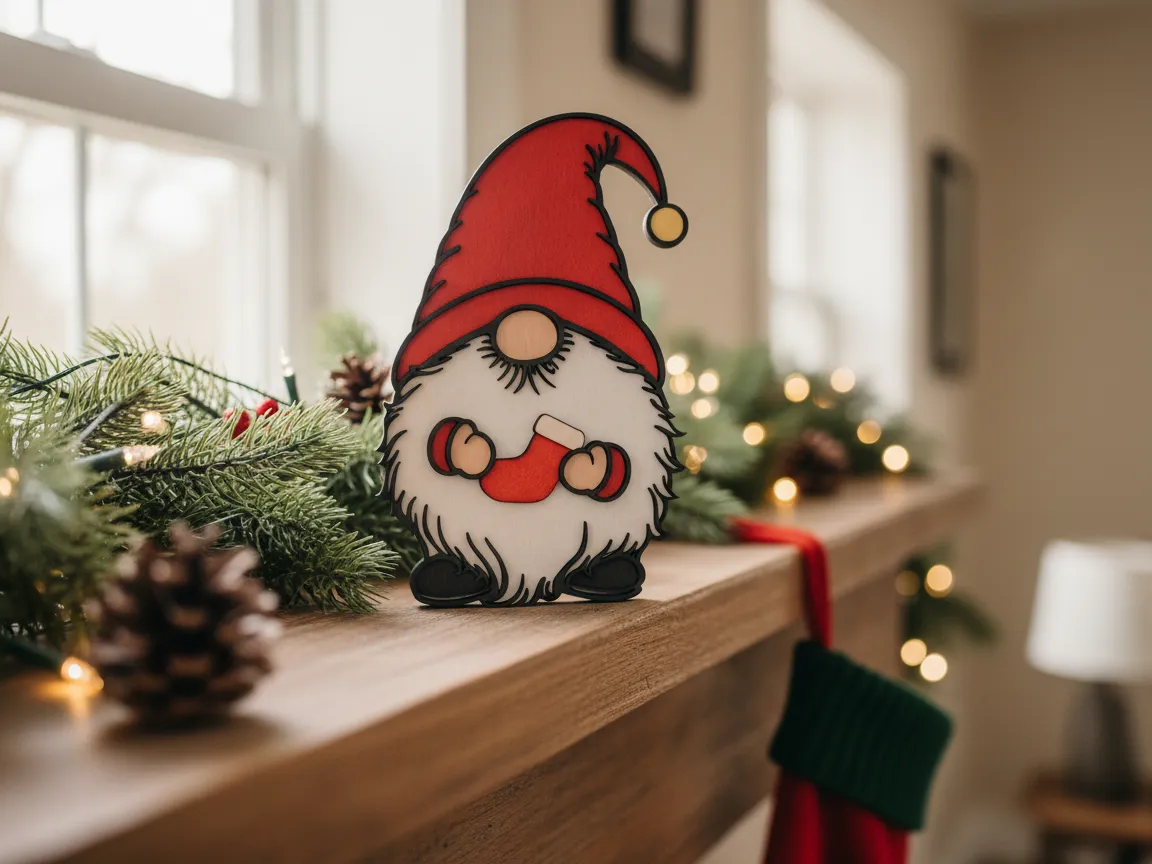 Decoración de gnomo navideño cortada con láser sosteniendo un calcetín