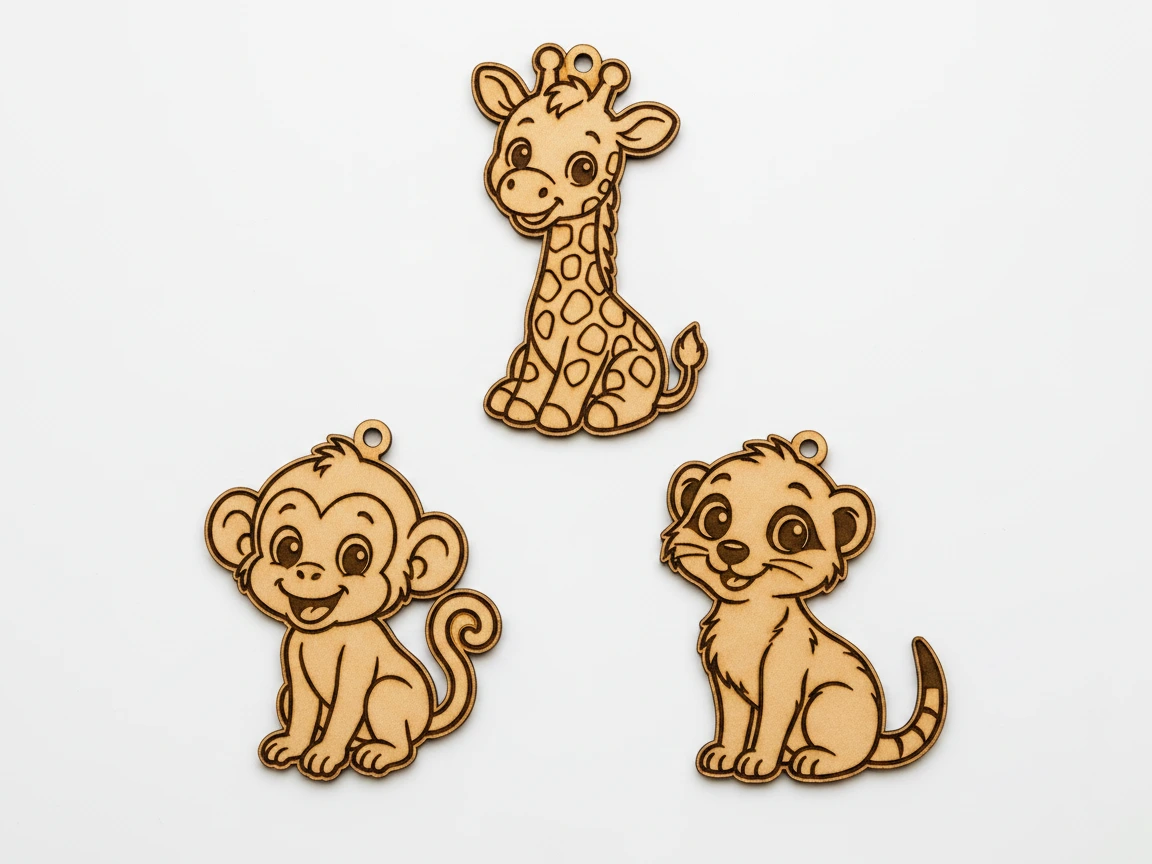 Bezauberndes Holz-Schlüsselanhänger-Set mit Giraffe, Affe und Manguste, lasergravierte süße Tiermotive, lustige Accessoires für Schlüssel oder Rucksäcke