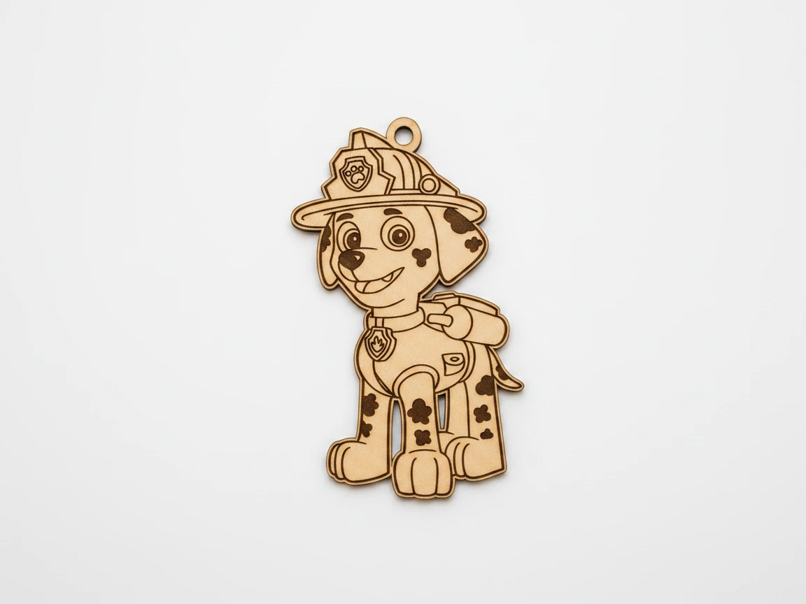 Holz-Schlüsselanhänger mit Design des Feuerwehr-Welpen Marshall aus PAW Patrol, lasergravierter süßer Cartoon-Hund für Schlüssel, Rucksäcke oder thematische Geschenke