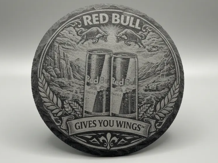 Round slate coaster featuring the Red Bull logo
