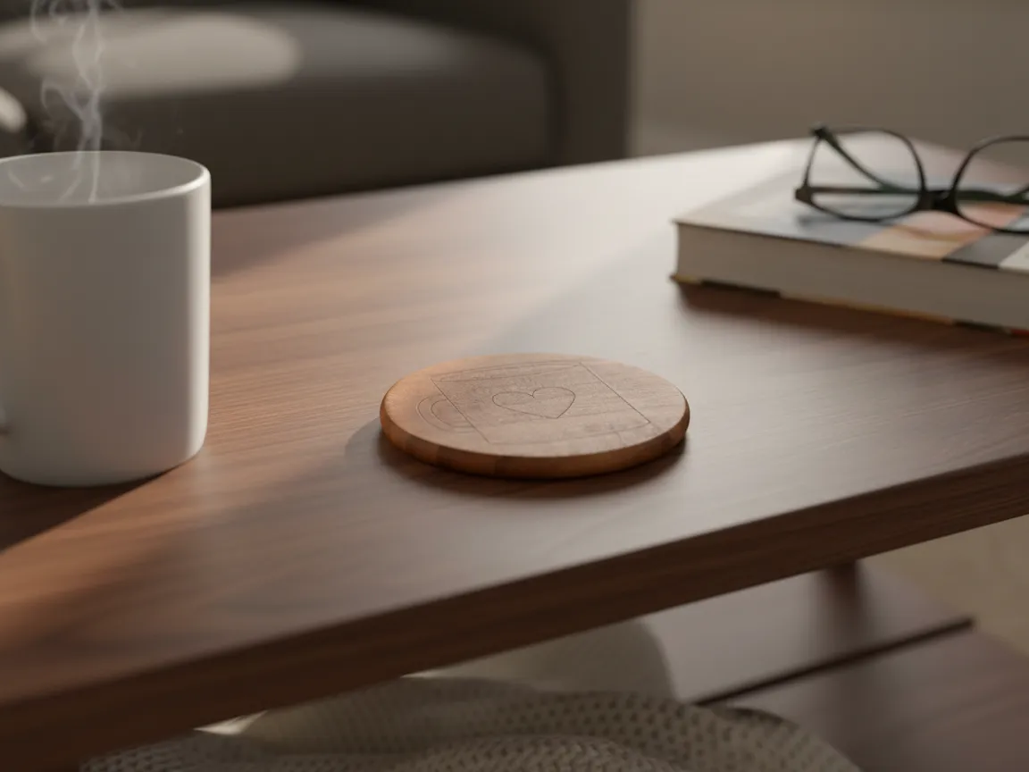 Heart shaped laser-cut wooden mug coaster