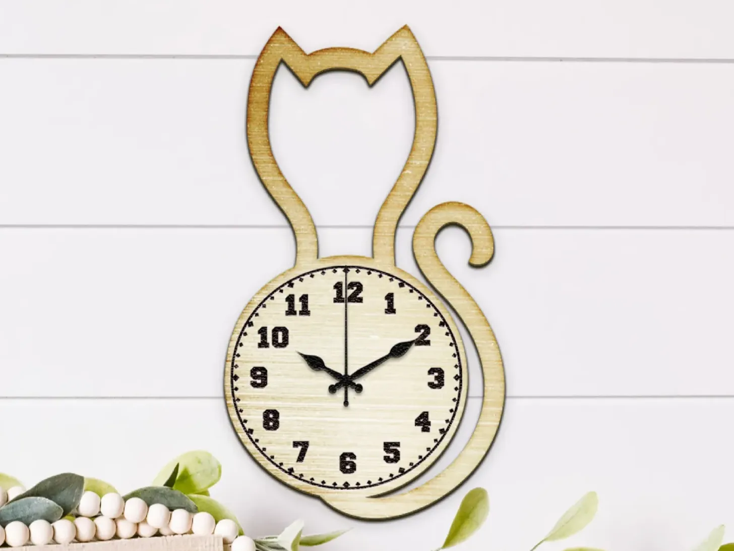 Light Wood Cat-Ear Wall Clock laser cut cat clock idea