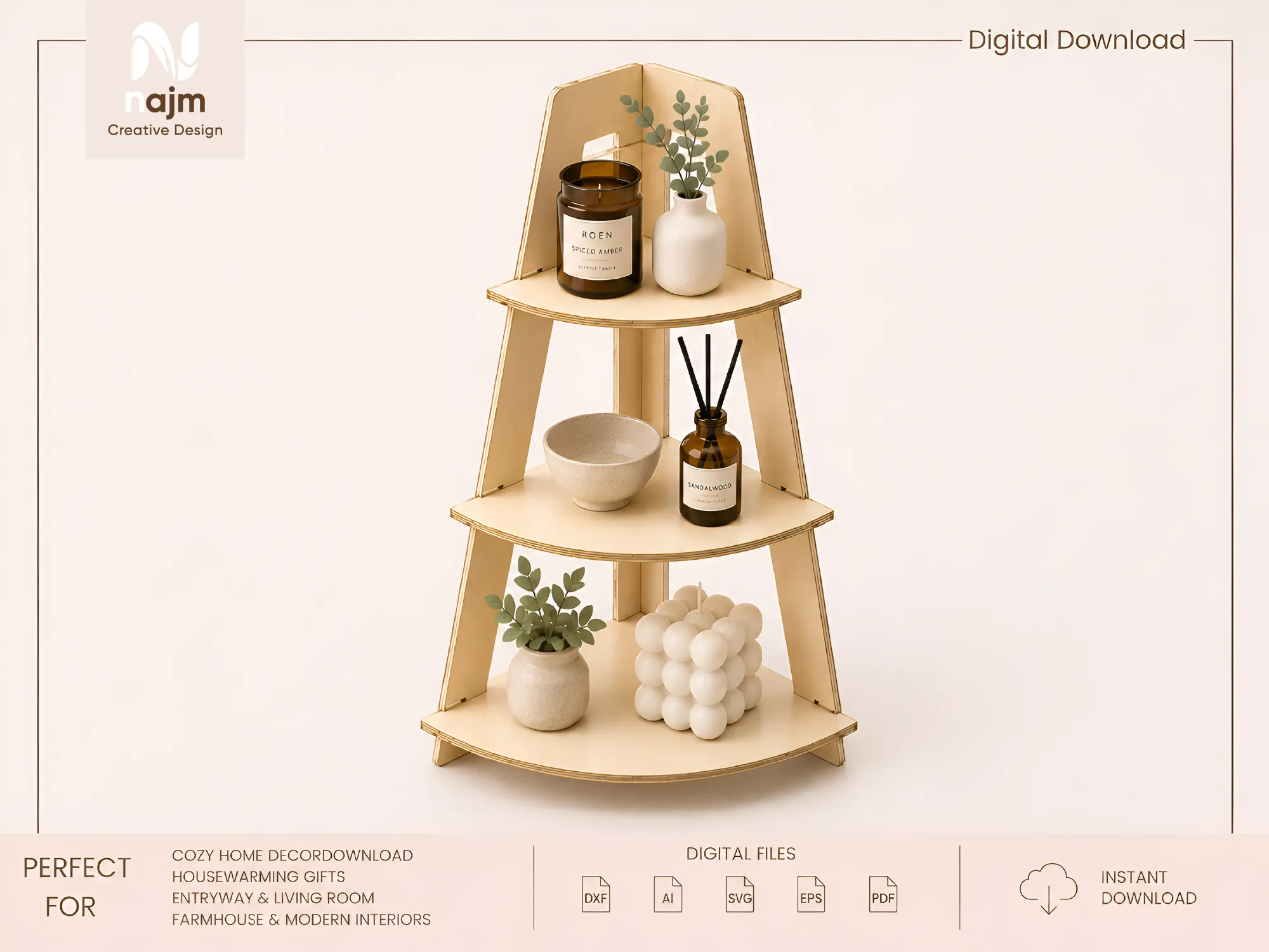 Three-Tier Wooden Corner Shelf Display Stand laser-cut design on a styled shelf