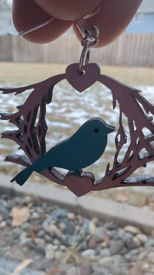 [Laser cut and engrave] Laser Cut Wooden Earrings with Blue Bird Design