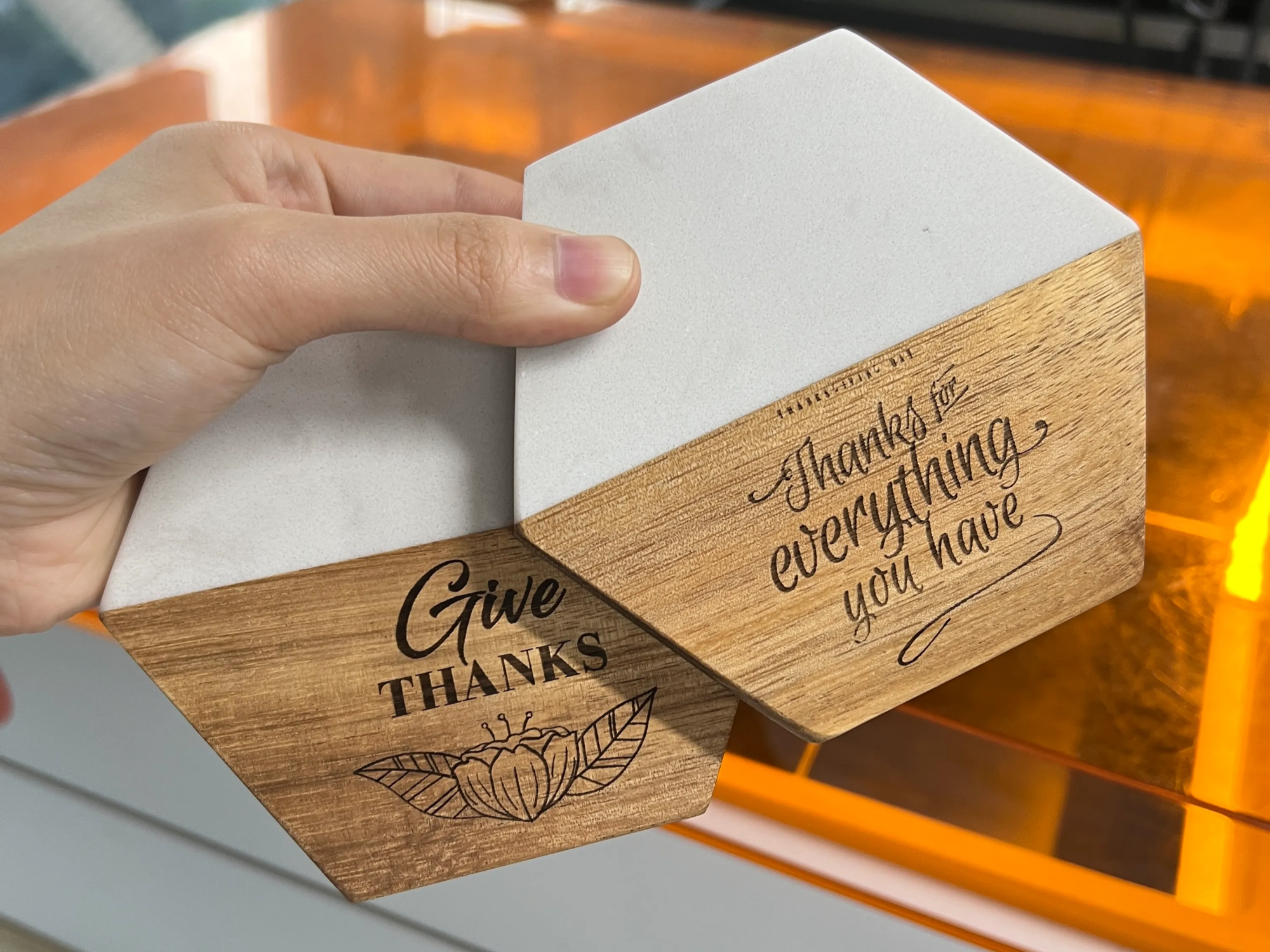 Thanksgiving Hexagon White Marble and Wood Coasters