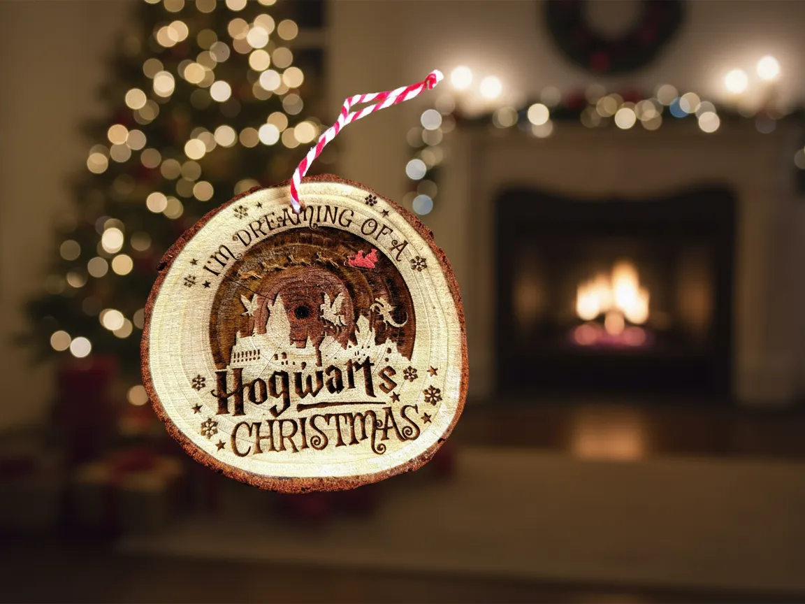 Wooden Christmas ornament engraved with a Hogwarts holiday design