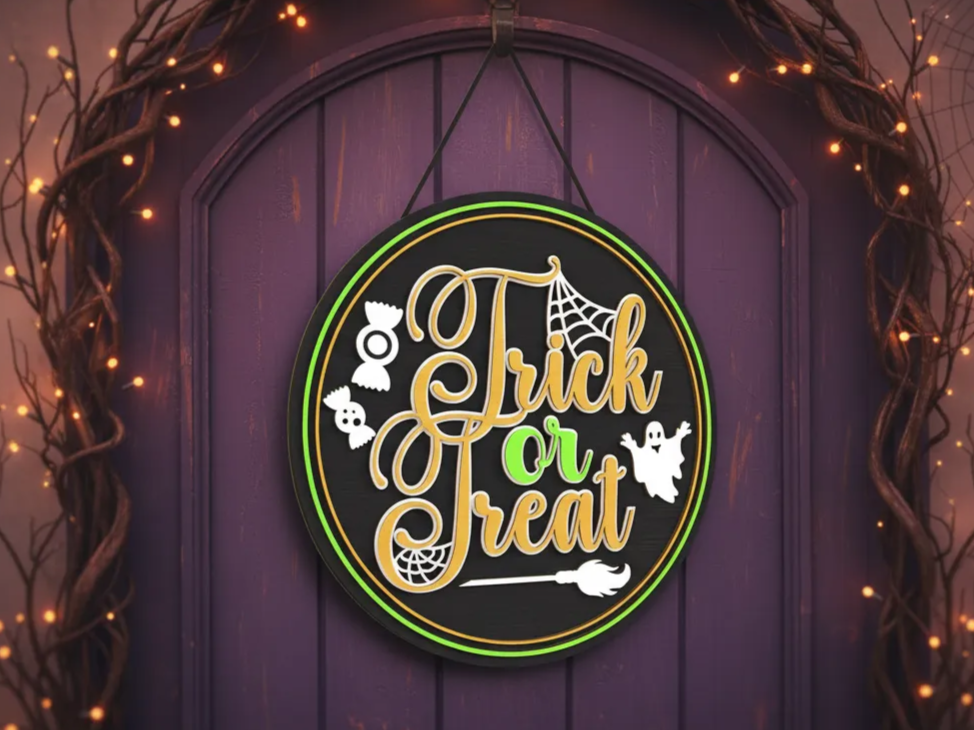 Panneau de porte rond Halloween Trick or Treat, décoration d'Halloween pour extérieur découpée au laser