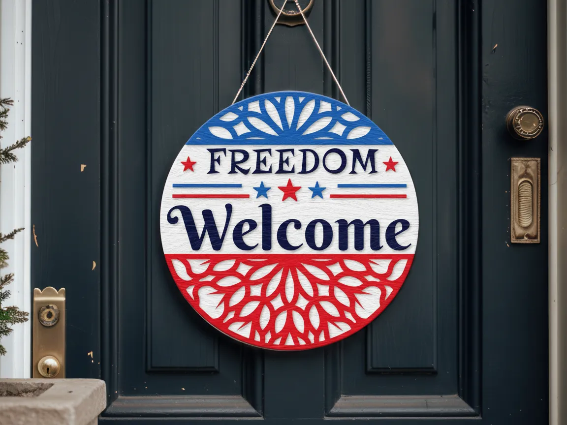 Patriotic Welcome Sign, Round Door Hanger Lasercut — free American flag wall art project file on Atomm