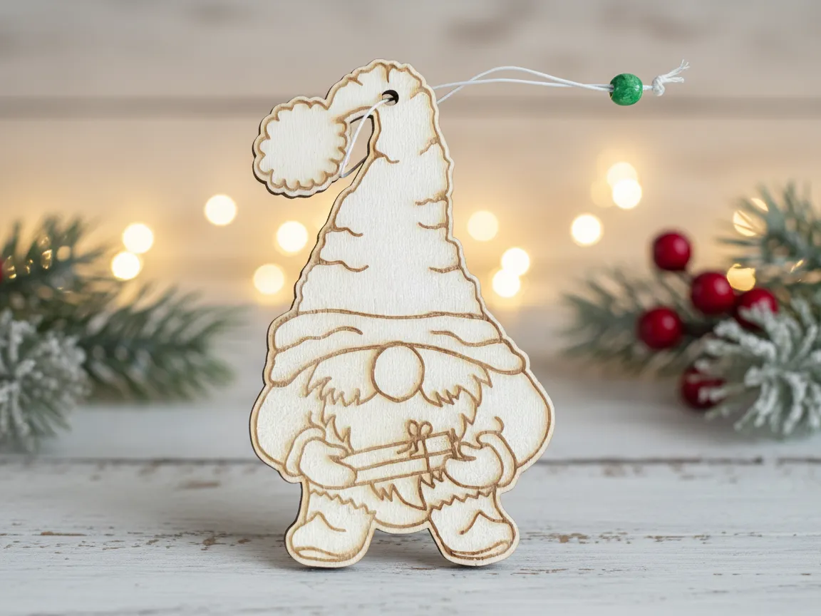 Laser cut wooden Christmas gnome ornament holding a wrapped gift