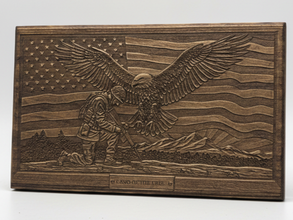 Laser Engraved Wooden American Flag with Soldier and Eagle Plaque — free American flag wall art project file on Atomm