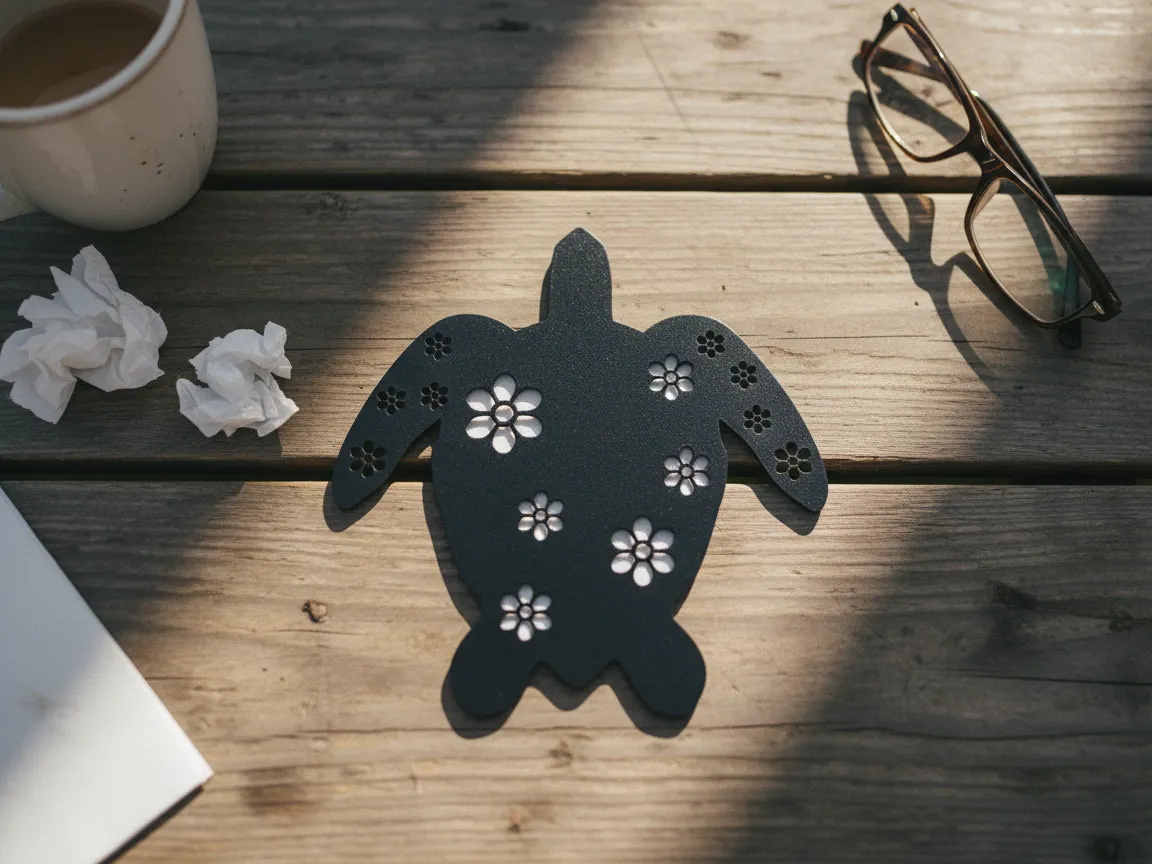 Turtle-shaped metal coaster with floral cutout detailing on the shell