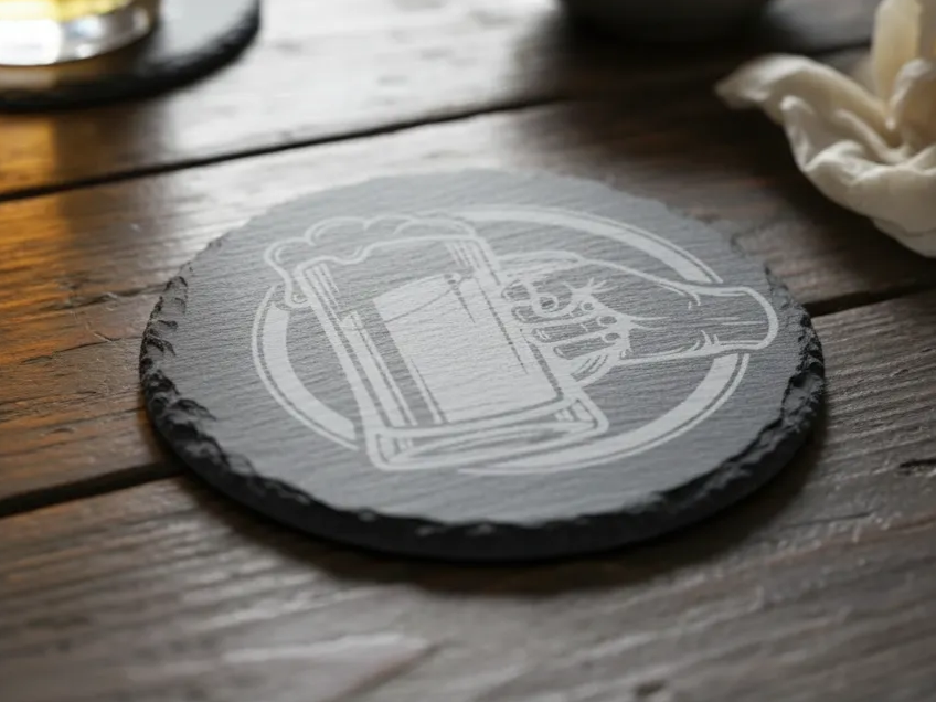 Round slate coaster engraved with a detailed beer mug illustration