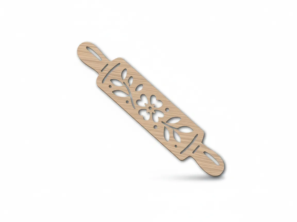 A laser-cut wooden rolling pin with a floral cutout pattern