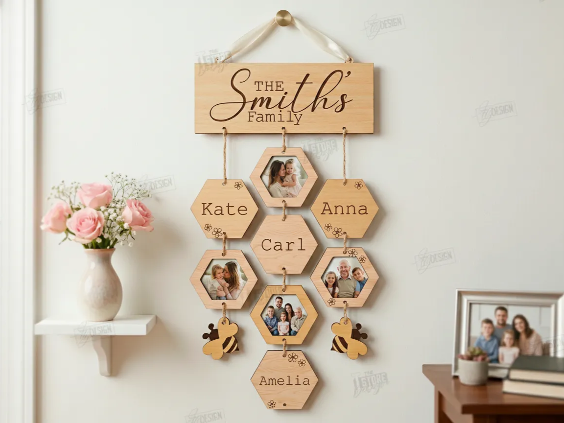 Personalized Family Name Photo Wall Hanging with Honeycomb Picture Frames Laser Cut. Wall Decor birthday gift for her idea
