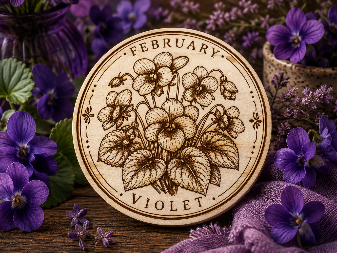 Laser cut coaster featuring February's birth flower, the violet