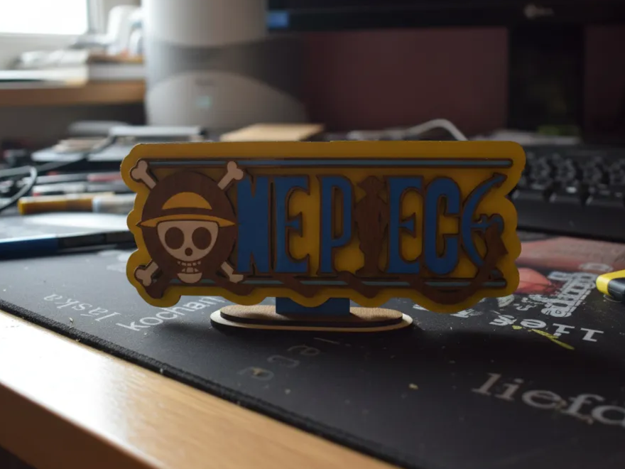 Painted wood desk decoration with One Piece logo and Jolly Roger skull gift idea