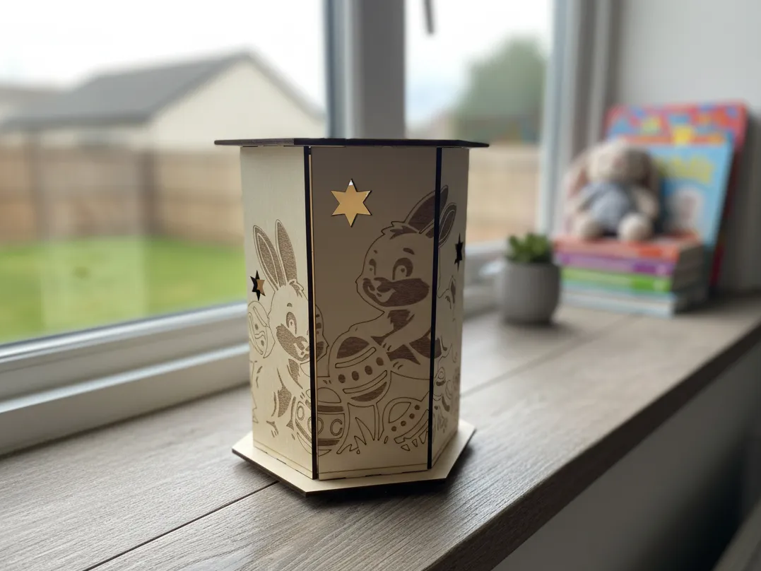 Pale hexagonal wooden Easter lantern with bunny and egg cutouts on a windowsill outdoor light idea