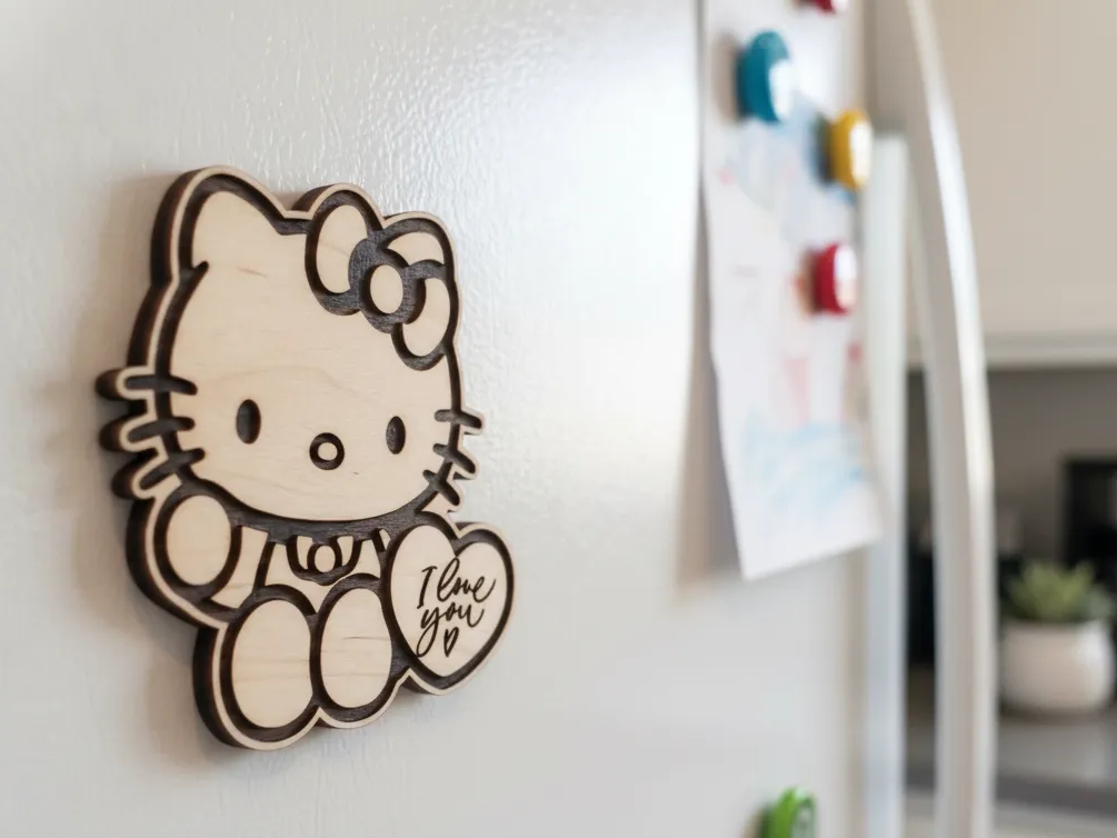 Two-layer wooden Hello Kitty fridge magnet with I love you heart gift idea