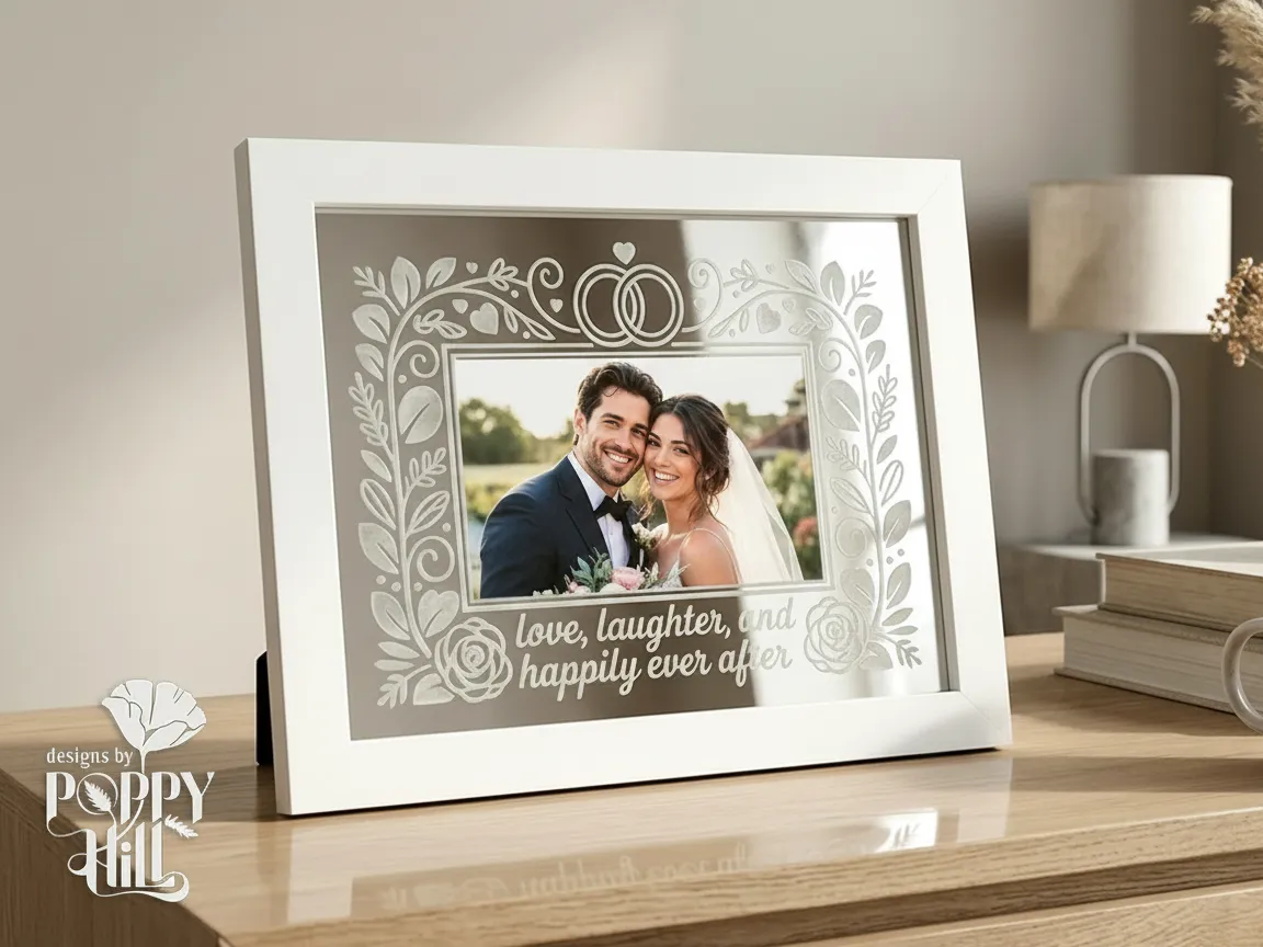 Glass Photo Frame with "Love, Laughter, and Happily Ever After" wedding gift design