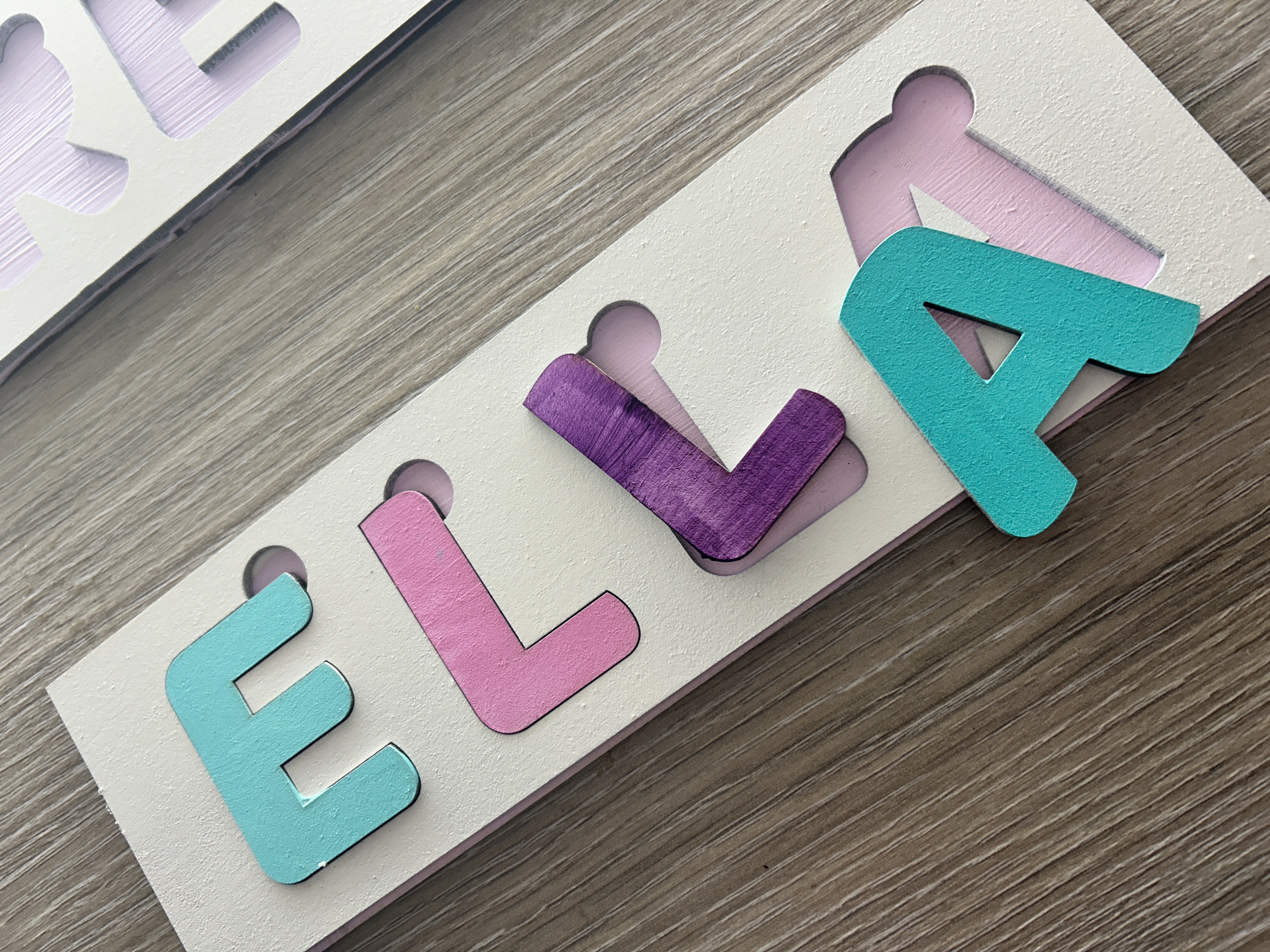 Pastel Name Jigsaw laser cut word puzzle idea