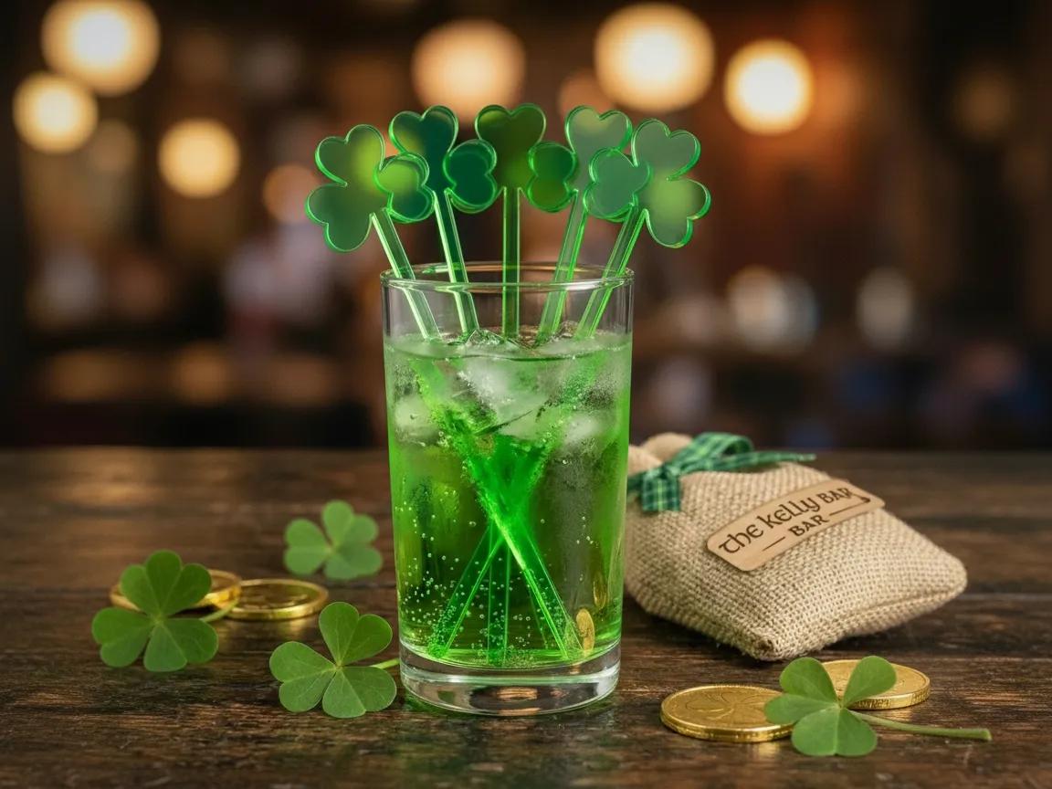 Laser Cut Shamrock Drink Stirrer Set with Burlap Gift Bag
