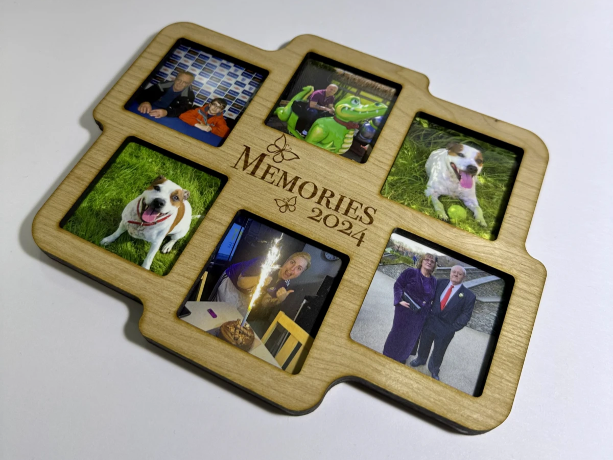 Laser-cut wooden collage photo frame for multiple photos