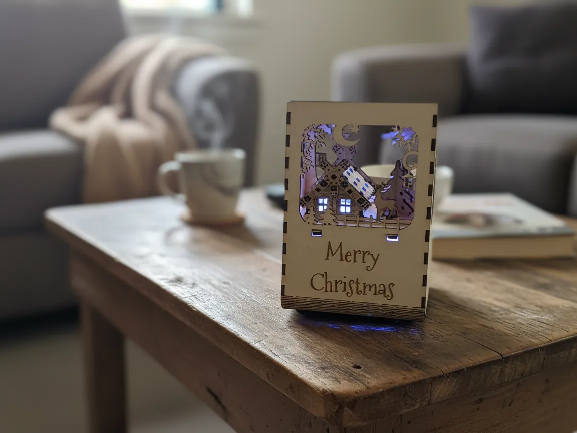 Christmas lamp box decoration glowing with a festive cut design