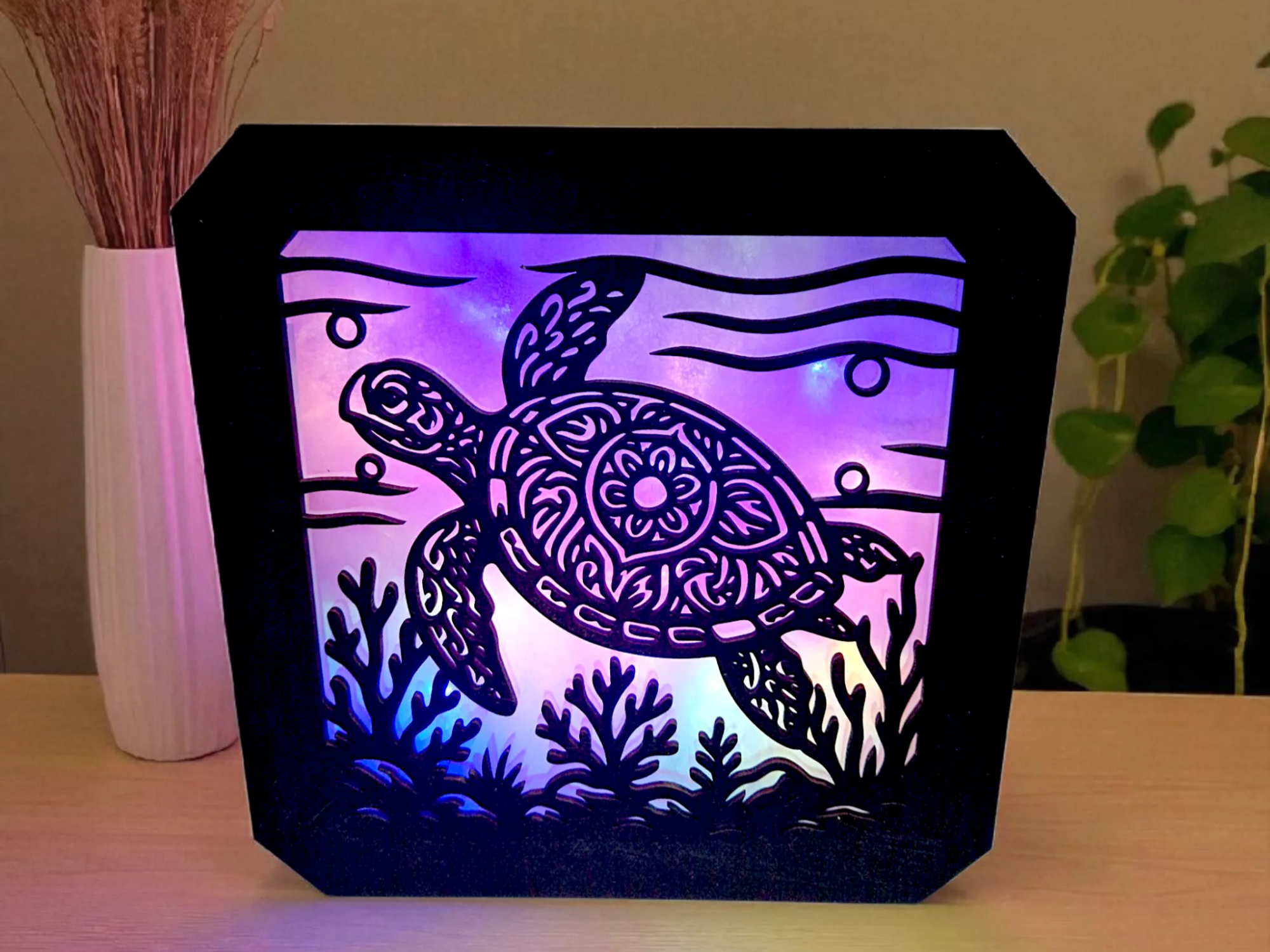 Laser Cut Sea Turtle Night Light with Coral Design laser-cut night lamp idea