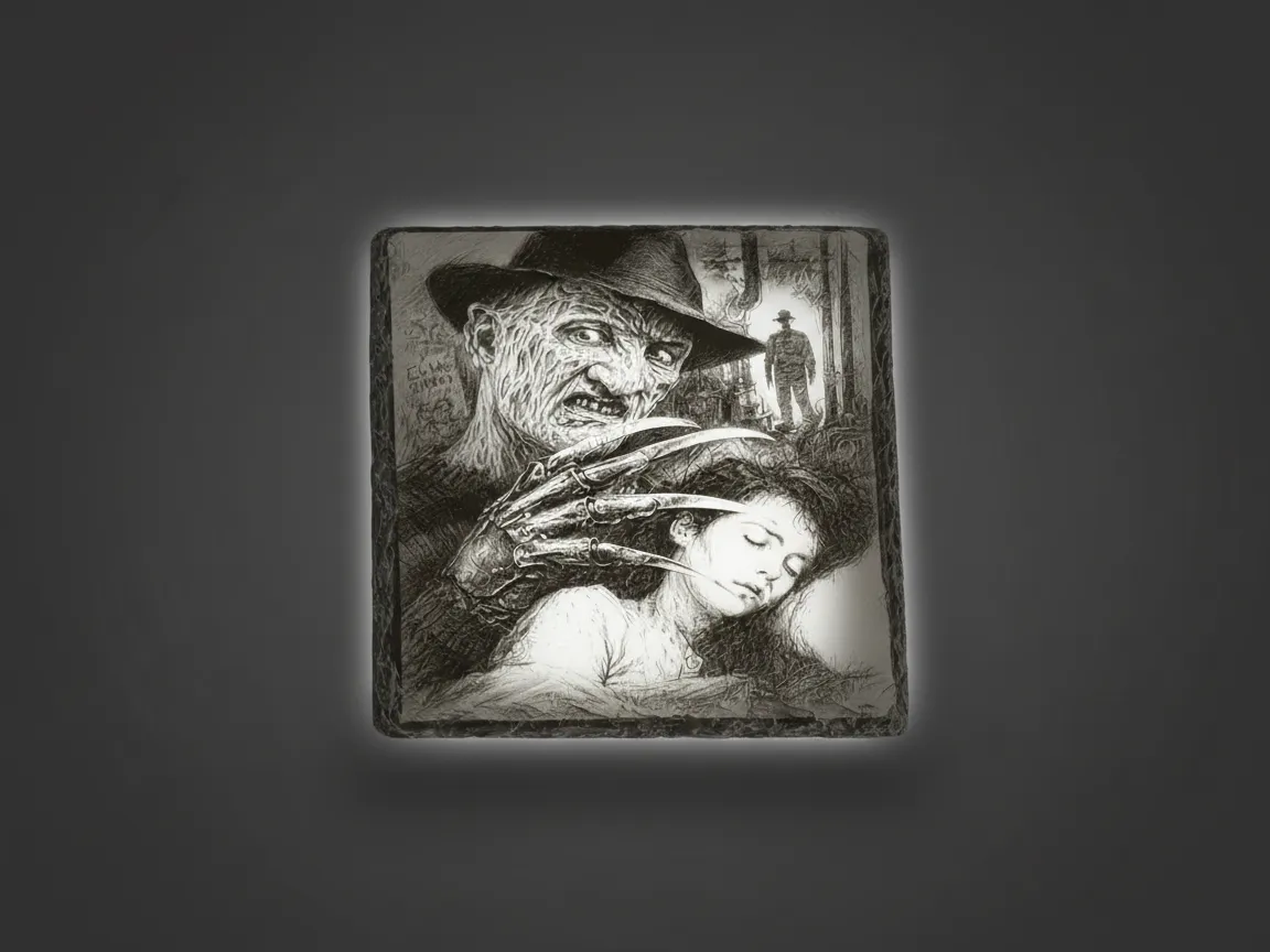 Freddy Krueger horror character engraved on square slate coaster
